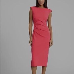 Express Crew Neck Cap Sleeve Ruched
Midi Sheath Dress in Hot Coral Size Small